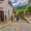 Two cyclists in the village of Duernstein, Wachau
