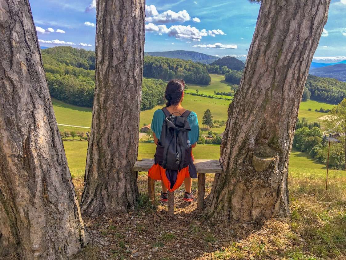 let's search for the hobbits - girl sitting on bench between two trees